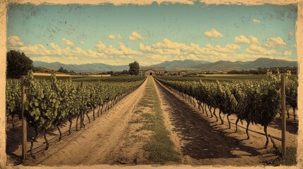 Fototapeta premium A vast vineyard stretches out in nature, rendered in a simple black and white sketch