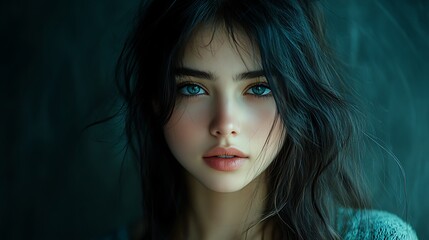 Fototapeta premium A striking yet soft portrait of a young woman with dark flowing hair and luminous fair skin, dreamy lighting wrapping around her delicate features, subtle contrast emphasizing depth and emotion,