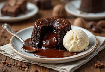 A testy and delicious Molten Chocolate Lava Cake with Vanilla Ice Cream on Rustic Plate