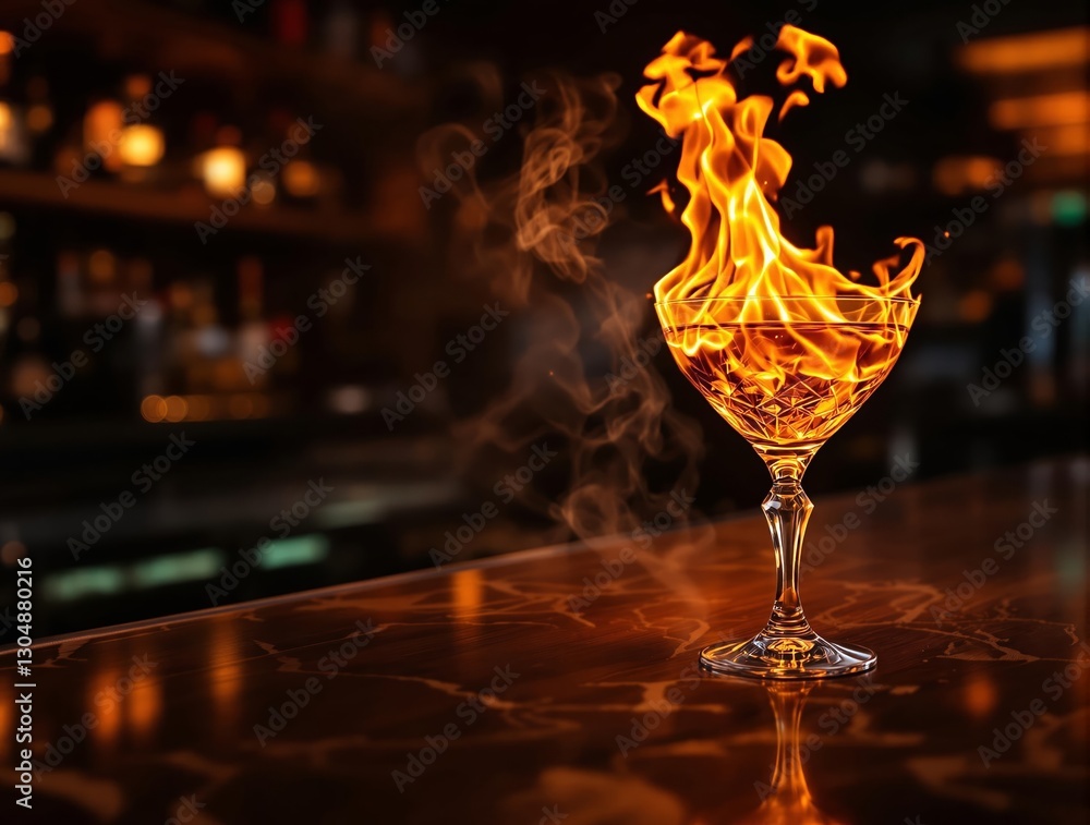 Poster a striking image of a flaming cocktail in a glass, set against an atmospheric bar background.
