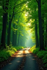 Fototapeta premium Sun-dappled forest road curves gently through lush green canopy , scenic route, winding road