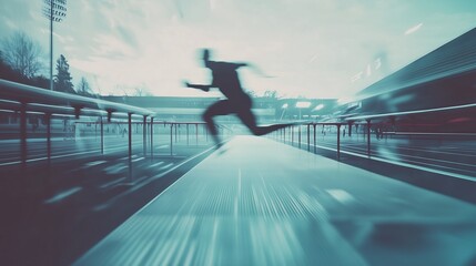 Athlete sports silhouette running sprinting motion track field jumping hurdles speed stadium