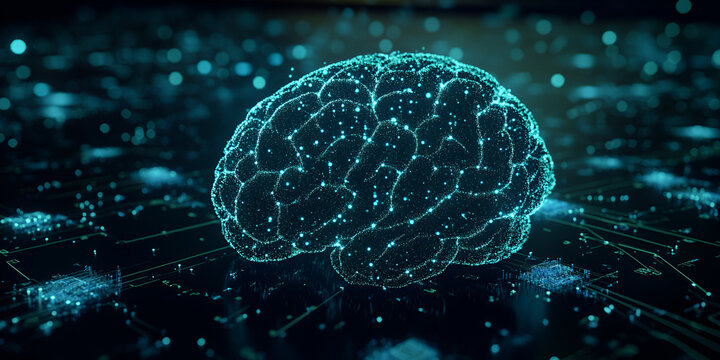 A futuristic glowing brain made of digital neurons and glowing connections, symbolizing the cutting-edge of artificial intelligence and technological advances.