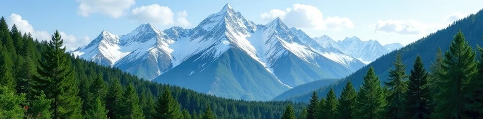 Fototapeta premium Lush green forests give way to rugged snow-capped mountains, winter, forest