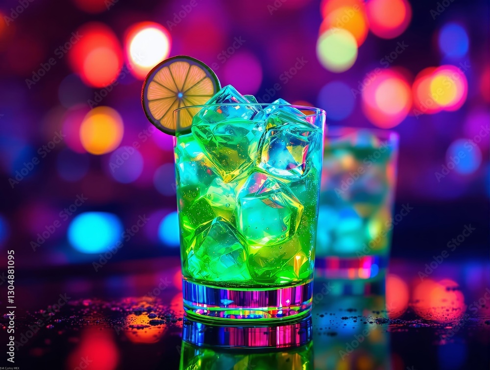 Poster the image depicts a vibrant green cocktail served in a glass, topped with a slice of lime. the backg
