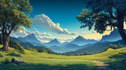 A stunning green valley framed against the backdrop of towering mountains and a clear blue sky, embodying the essence of nature