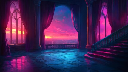 Obraz premium Luxurious grand room with high ceilings and ornate medieval banquet decor