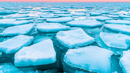 Delicate ice fragments float on tranquil water, reflecting soft hues of dawn