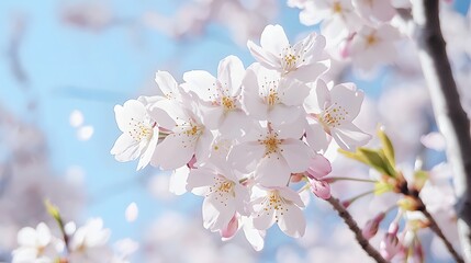 Close-Up of Cherry Blossom Flowers in Full Bloom Against a Bright Spring Sky