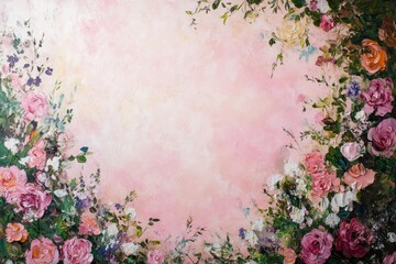 Obraz premium Pink floral painting background with roses and wildflowers.