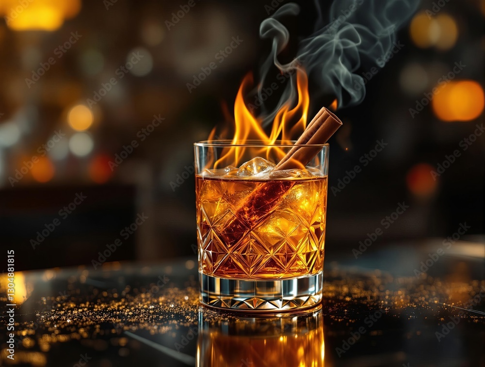 Aufkleber A glass of whiskey is presented with flames and smoke, creating an enticing visual. The setting likely conveys a sophisticated bar atmosphere.