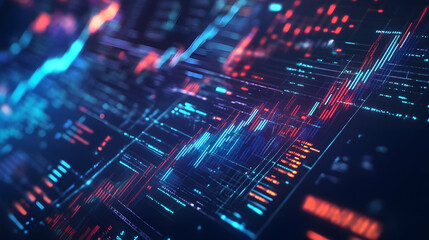 Financial analytics visualization with glowing lines and geometric patterns on futuristic display