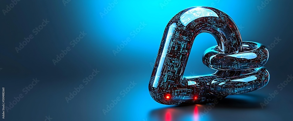 Poster futuristic metallic chain link connection glows against a gradient blue background in a 3d rendered 