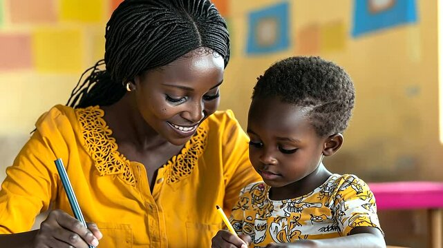 A compassionate teacher mentors a young scholar in the classroom