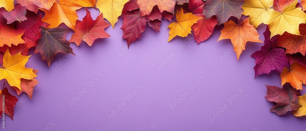 Poster autumnal maple leaf cascade on lavender backdrop capturing warm fall colors and seasonal transition 