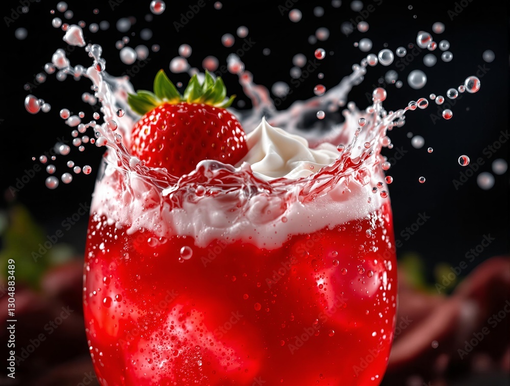 Poster a vibrant image of a glass of red beverage with a splash effect, topped with whipped cream and a str