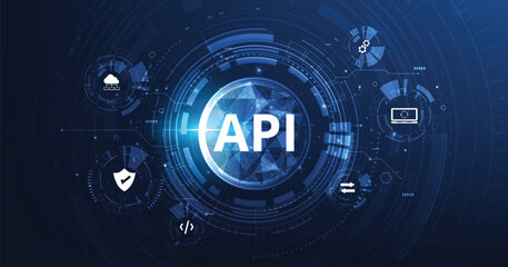 (API) Application Programming Interface. Software development tool, information technology, modern technology, internet and networking concept on dark blue background. 