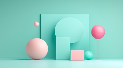 Geometric shapes composition with floating sphere and balloon against a turquoise background