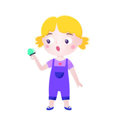 A surprised little girl looks at a butterfly. Illustration of astonished, amazed child. Flat graphic vector illustration isolated on white background