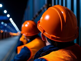 Fototapeta premium Orange Helmeted Workers Amidst Urban Lights