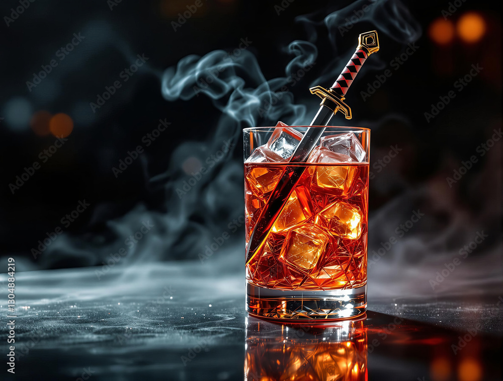 Poster a glass with a cocktail sits on a reflective surface, featuring a sword embedded in the ice.