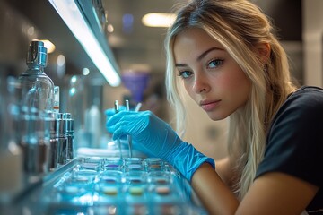 A beauty expert preparing her equipment for a permanent makeup session in a pristine salon environment, surrounded by needles, pigments, and tattoo machines
