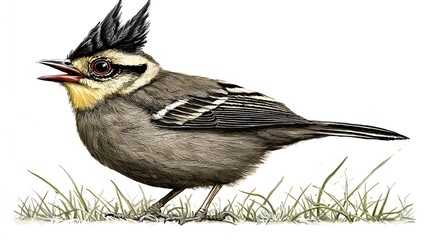 Fototapeta premium Illustration of a Colorful Bird Singing in a Grassy Field with Distinctive Crest and Feathers