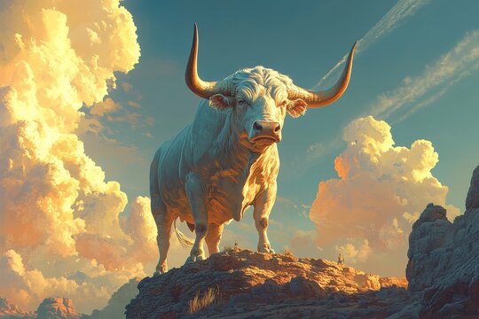 The large bull stands atop a rock, centered in the middle, resembling a golden calf