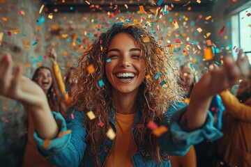 Obraz premium A diverse group of friends are immersed in a moment of vibrant celebration, laughing and smiling under a cascade of colorful confetti. Capturing the essence of joy and togetherness