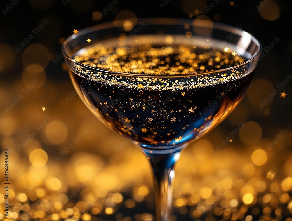 Poster a close-up image of a sparkling drink in a glass, set against a shimmering golden background.