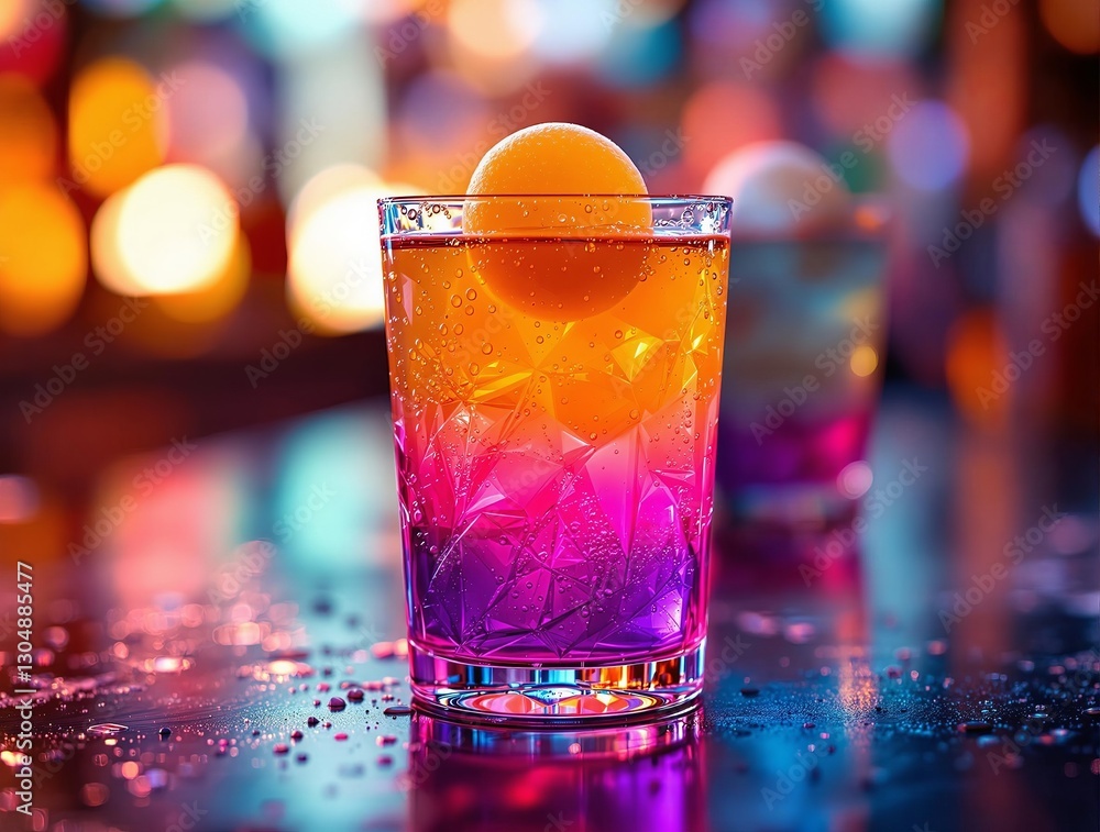 Poster a vibrant cocktail with a gradient of colors sits in a glass, accompanied by a colorful backdrop of 