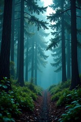 Obraz premium Torrential rain, vibrant pine forest, deep shadows, deep, heavy, visual