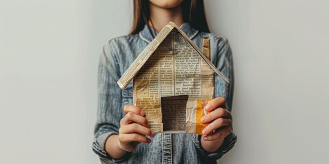 Holding a handmade house model made from newspaper while wearing a denim shirt in a simple interior space