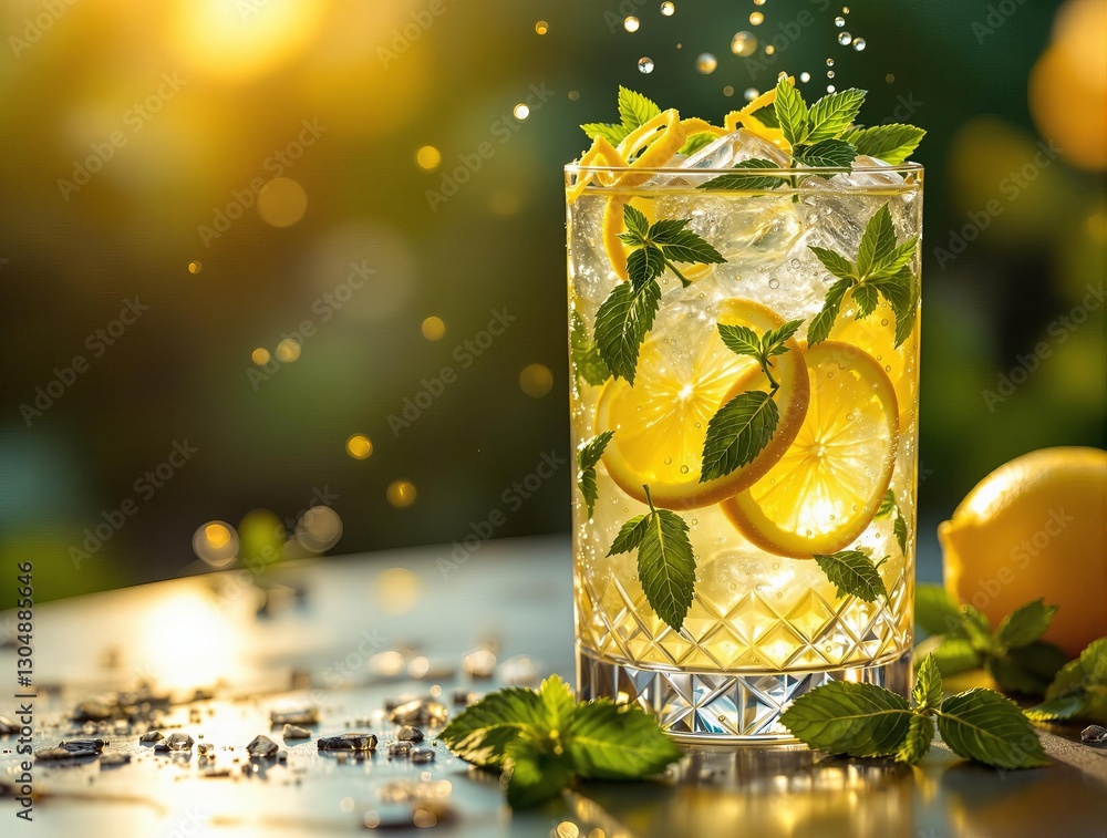 Poster a refreshing glass of lemonade garnished with mint leaves and lemon slices, placed on a wooden surfa