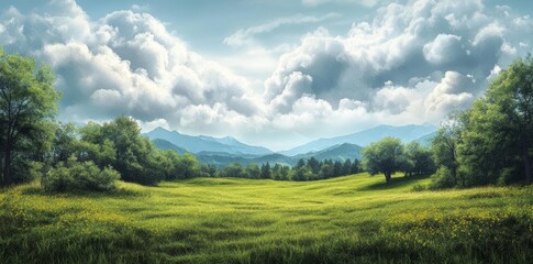 Fototapeta premium Watercolor painting of a green landscape PNG, grassland scene outdoors