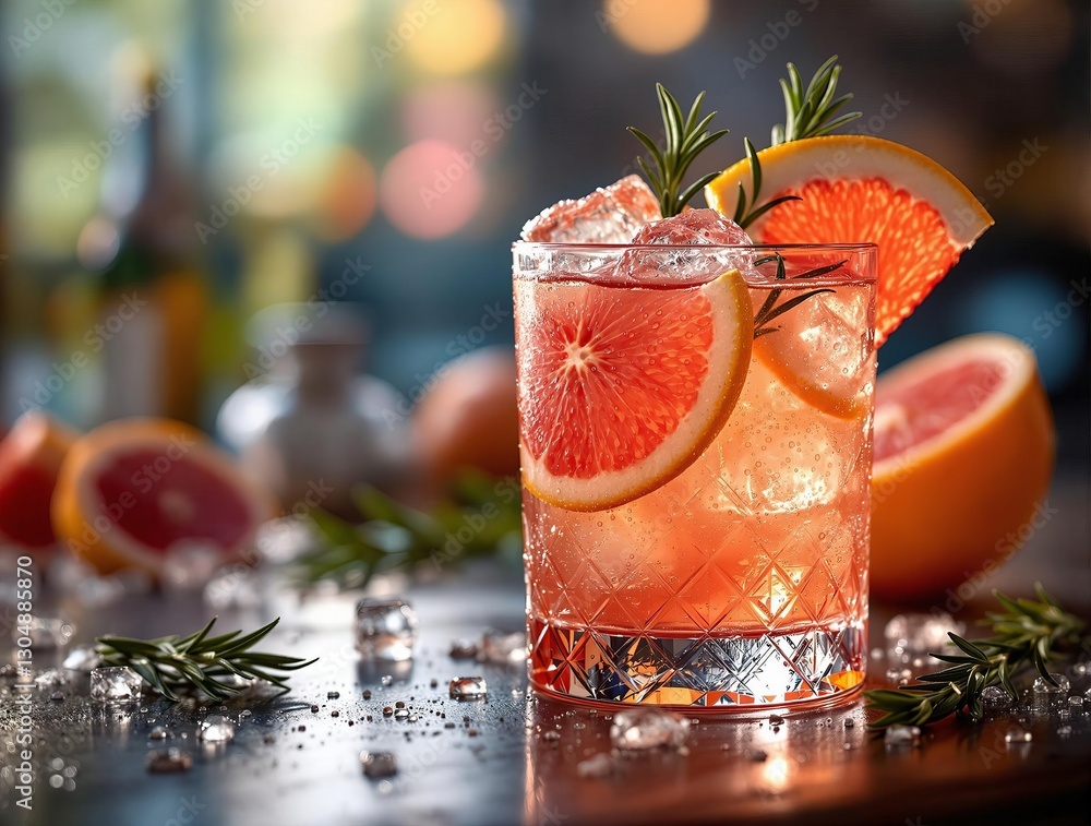 Poster a refreshing cocktail in a glass filled with ice and garnished with grapefruit slices and rosemary.