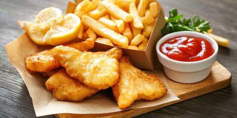 Crispy fish and chips with lemon and ketchup on wooden board