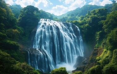 Naklejka premium Majestic Waterfall Cascading Down Lush Green Hills Surrounded by Vibrant Forest Under a Bright Blue Sky with Fluffy White Clouds