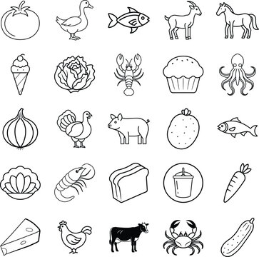Farm Animals, Seafood, Vegetables, and Baked Goods Icons