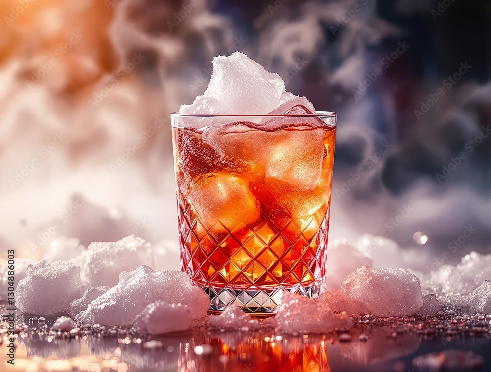 Poster a close-up image of a glass filled with a brown beverage, set on a surface surrounded by ice and fog
