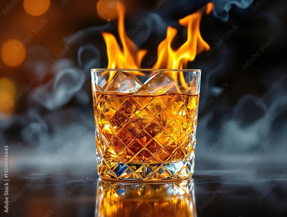 Poster a glass of whiskey with flames erupting from it, creating a dramatic visual effect.