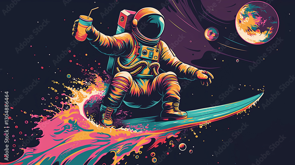 Poster this astronaut surfs space waves, drink in hand, enjoying the thrill of zero gravity