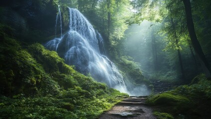 Majestic Waterfall Cascading Down Lush Green Mountain Forest Surrounded by Mist and Soft Ambient Light in Tranquil Nature Scene