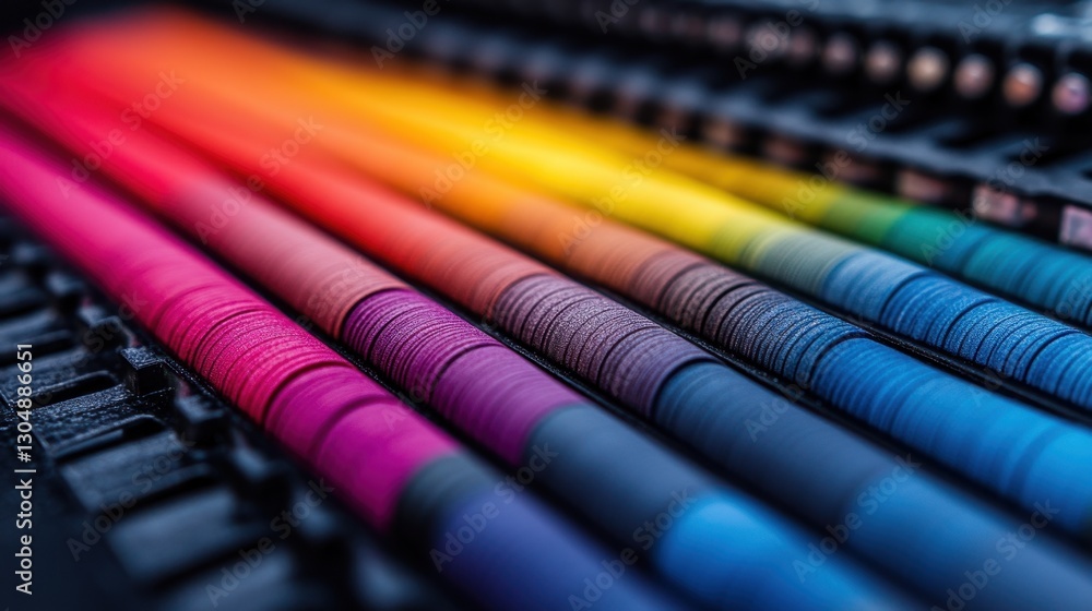Aufkleber vibrant spectrum of color printing rollers in a close up view with sharp focus and shallow depth of 