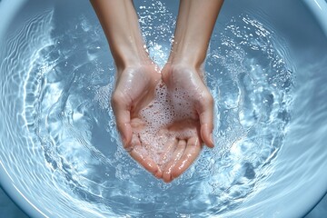 Washing hands with clean water splashes and foamy soap bubbles, hygiene and freshness