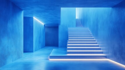 Obraz premium A minimalist blue room with soft neon accents illuminating its sharp architectural edges