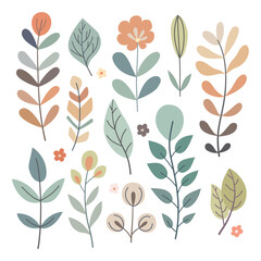 Set of leaves and flowers. Cute illustration, vector, color, simple.