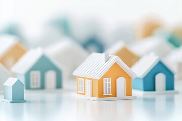 Colorful miniature houses arranged on a tabletop representing diverse home models and architectural styles in a cozy indoor environment