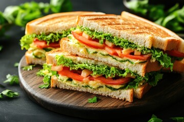 Delicious toasted sandwich with fresh vegetables on a wooden board capturing healthy eating vibrant colors and inviting presentation perfect for culinary stock photography