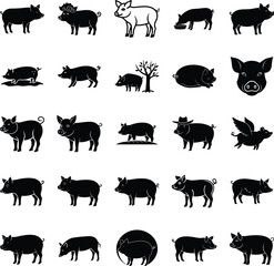 Silhouette Pig Icons Farm Animals, Swine, Livestock Illustrations